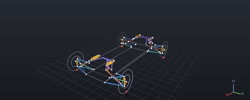 YHF 3-D viewport: the example F1000 vehicle's four suspension corners, anti-roll bars and coilovers in an isometric view