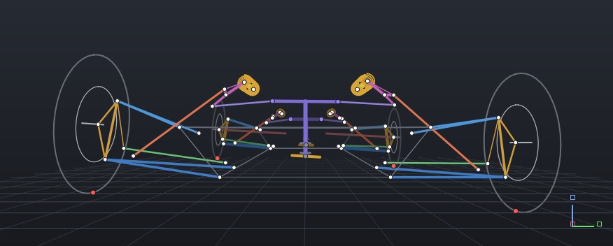 YHF 3-D viewport: the vehicle solved in combined roll and steer